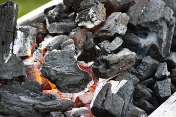 pieces of glowing charcoal with smoke rising