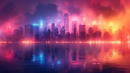 A futuristic night cityscape set against a colorful backdrop with vibrant neon lights. This wide city front perspective view is illustrated in the cyberpunk and retro wave styles.