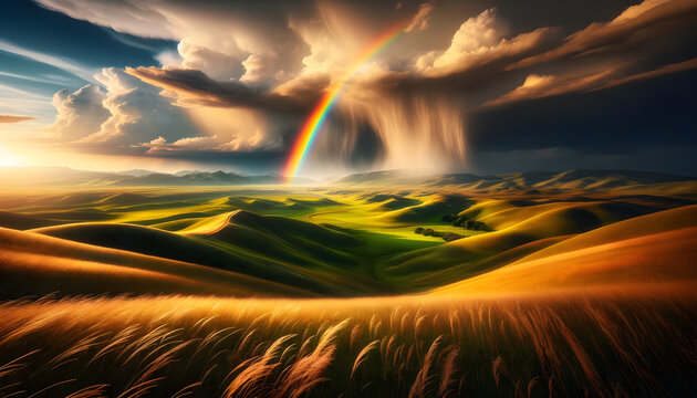 Radiant Horizon: Rainbow Over Golden Rolling Hills