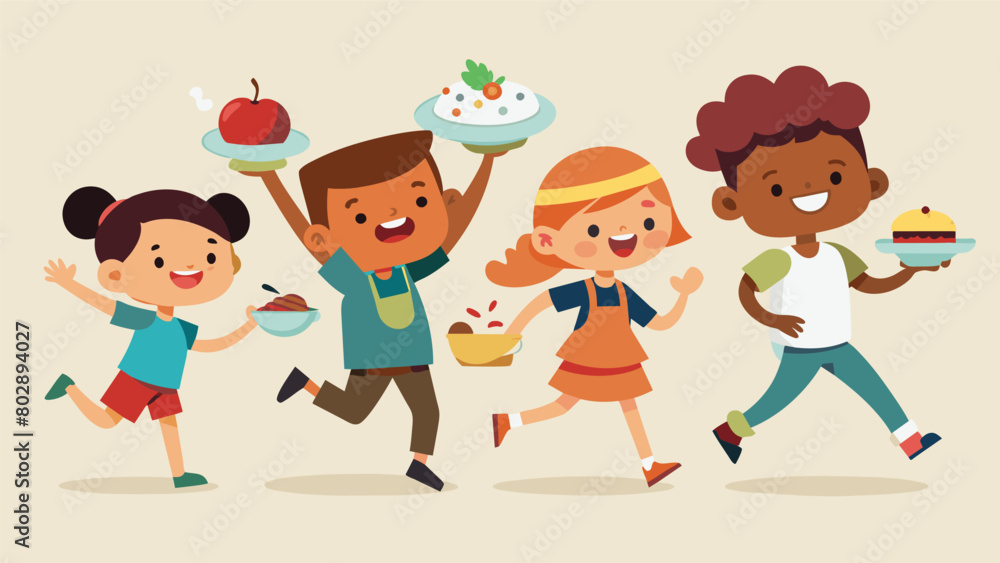 Poster a group of children running around eager to try all the different dishes and treats.. vector illustr