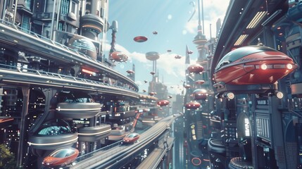 Futuristic cityscape with flying cars.