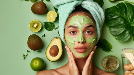 Young woman with avocado face mask and towel on head, surrounded by fresh green ingredients on green background. - Powered by Adobe