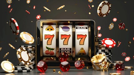 Banner for an online mobile casino. Slot machine banner in mobile phone. Golden realistic coins, playing card,dice.Vector gambling illustration.