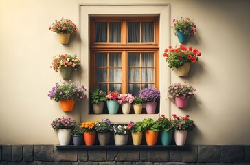 Fototapeta na wymiar a house window decorated with colorful flower pots