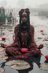 Wunderschöne Frau, traditionelle Kleidung, praktiziert Yoga-Pose in Ufernähe, inmitten von wunderschönen Lotus- und Wasserpflanzen, Stimmung der Achtsamkeit, Meditation und Entspannung des Geistes. - obrazy, fototapety, plakaty