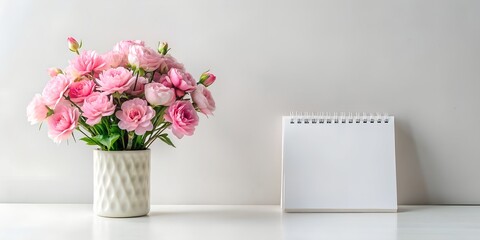 top view of Mockup white desk calendar and pink flowers in a vase on a light background. Spiral calendar for mockup template advertising and branding