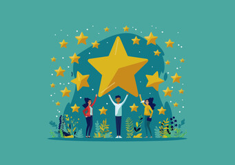 Female and male mid-career professionals give positive online feedback rating, employees carry social media thumbs up review icons, vector illustration conveying customer satisfaction concept