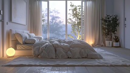 3D rendering of minimalist bedroom with neutral decor and soft lighting