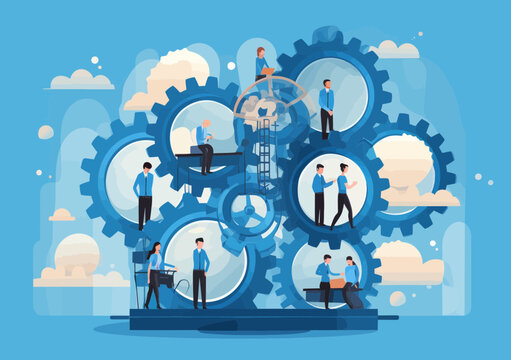 Office team collaboration driving business success through teamwork, skills coordination - business people rotating connected gears illustrating joint effort