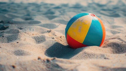 An electric blue beach ball rests on the sandy shore, adding a pop of color to the natural landscape surrounded by grass and soil. A fun fashion accessory for beach recreation AIG50