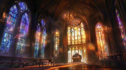 Fototapeta premium Gothic cathedral interior with stained glass windows.