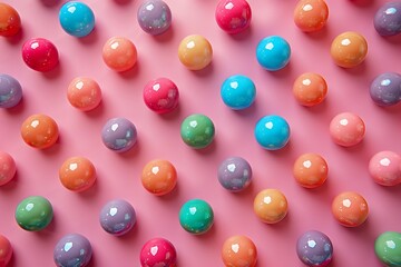 Glossy multicolored balls on a soft pink canvas