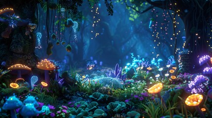 Magical forest comes to life, with glowing plants and whimsical creatures