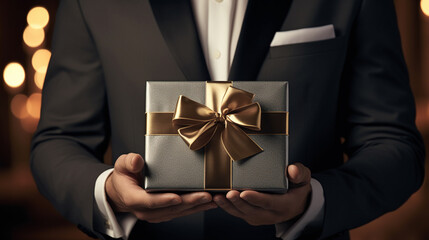 An elegant gift presentation by a person dressed in a sharp suit, symbolizing thoughtfulness and generosity in a formal setting.