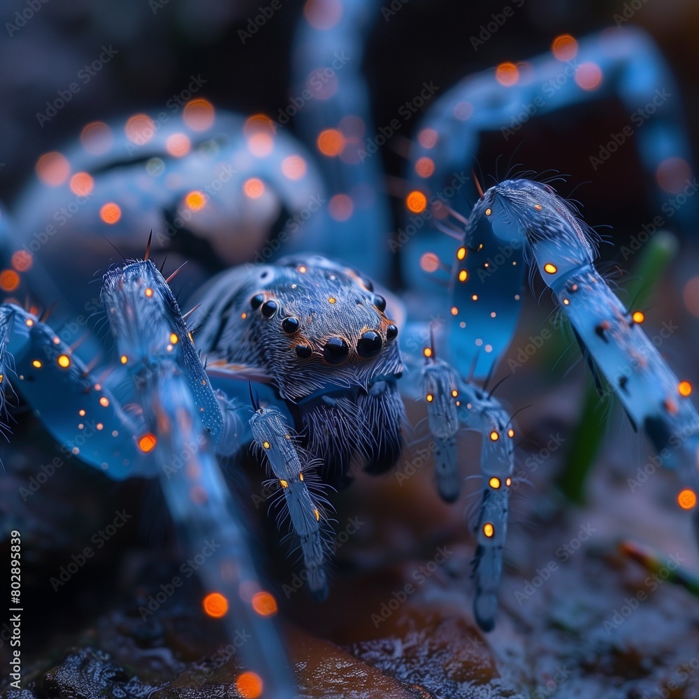 Sticker AI generated illustration of a spider with illuminated legs on a dark background