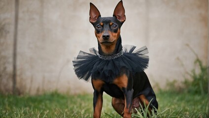A sleek standard pinscher dog strikes a dynamic pose