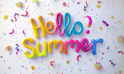 Colorful 3D text "Hello Summer" on white background, beautiful calligraphy lettering