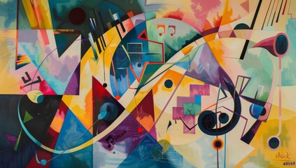 Abstract painting of an art deco window with colorful shapes and lines