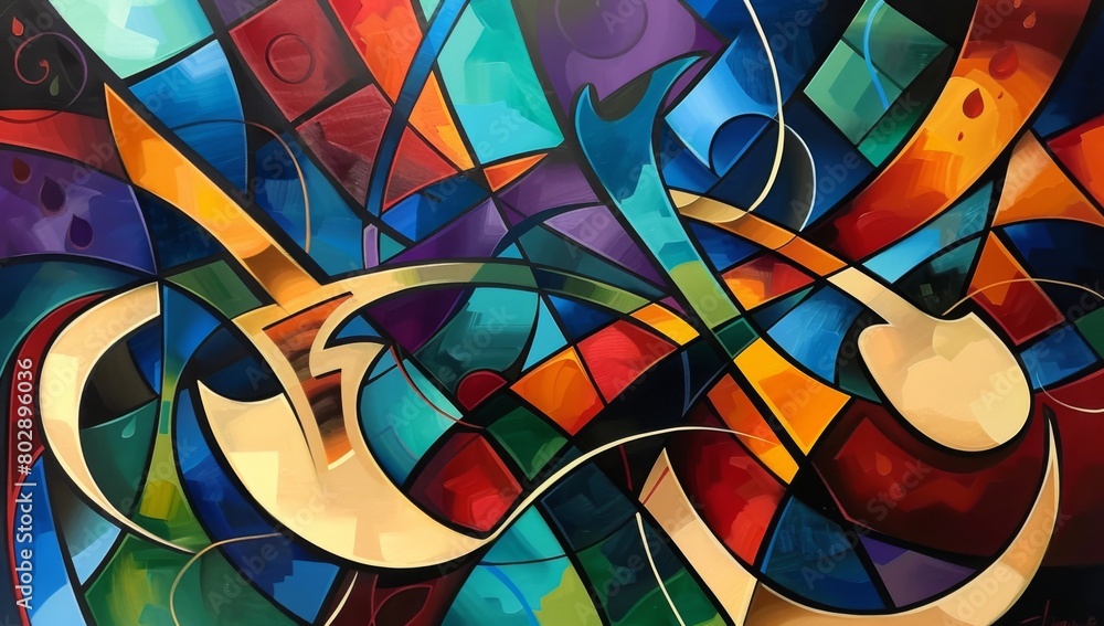 Poster abstract painting of an art deco window with colorful shapes and lines
