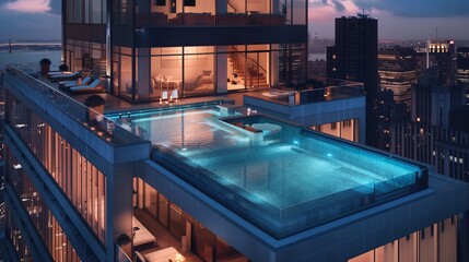 High-rise apartment building rooftop pool.