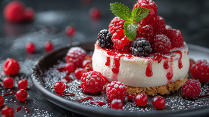 Cheesecake with fresh raspberries and blackberries on a dark background