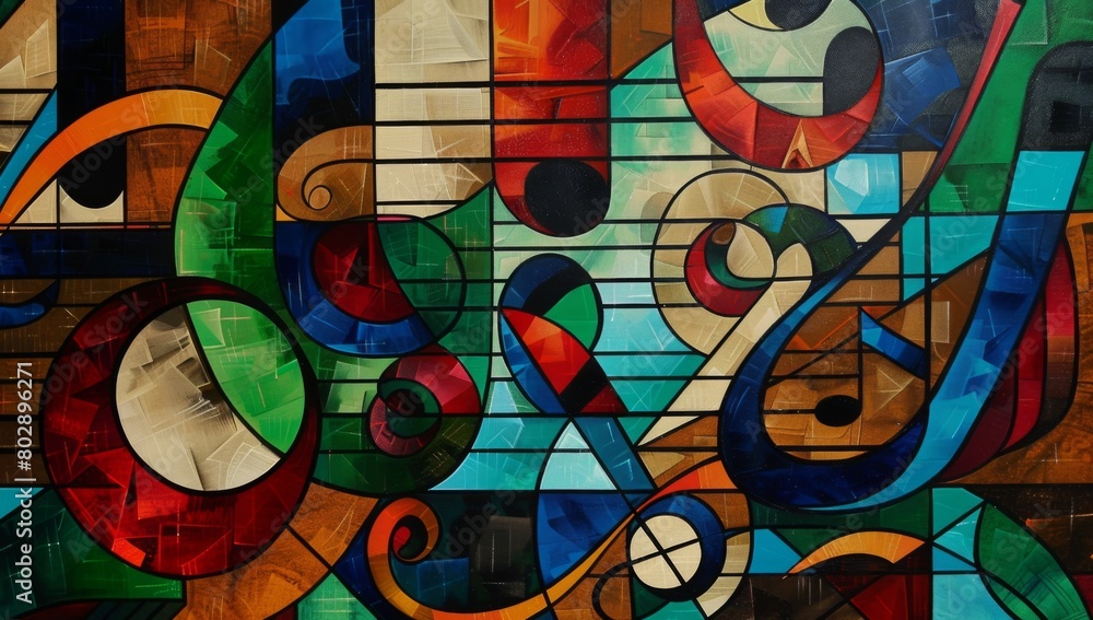 Poster abstract painting of an art deco window with colorful shapes and lines