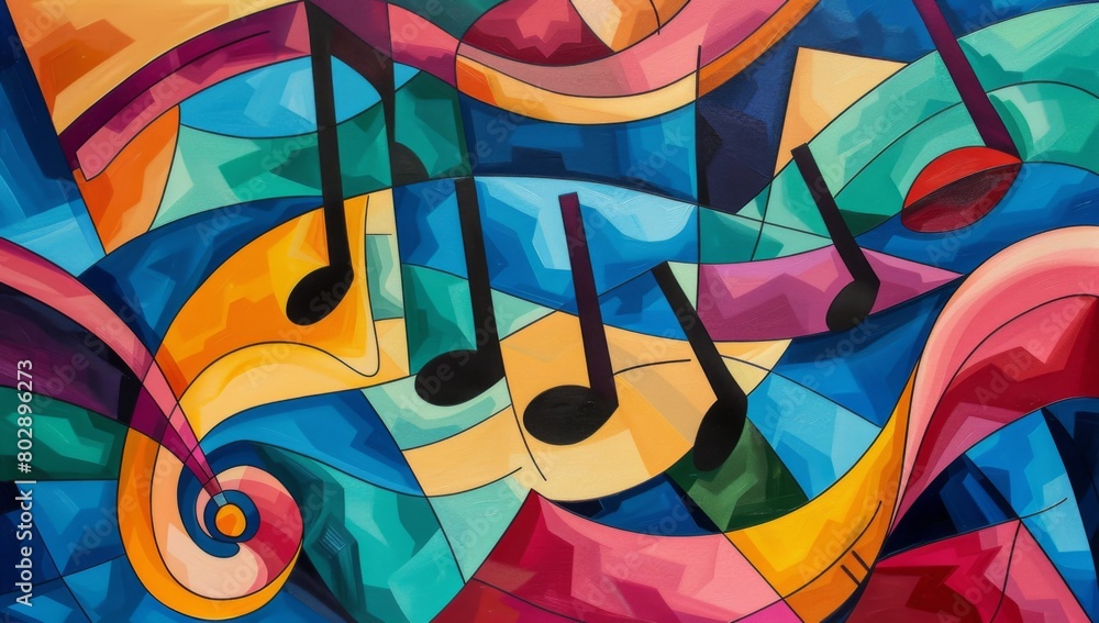 Poster abstract painting of an art deco window with colorful shapes and lines