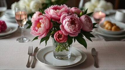 Obraz na płótnie Canvas Holiday tablescape, formal dinner table setting, peony flowers table scape with peonies decoration for wedding party and event celebration, generative ai