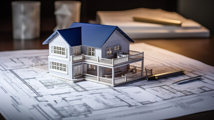 Precise architectural blueprint and a finely crafted miniature house model displayed on an architect's workspace, highlighting design details. - obrazy, fototapety, plakaty