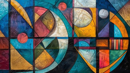 Abstract painting of an art deco window with colorful shapes and lines - obrazy, fototapety, plakaty
