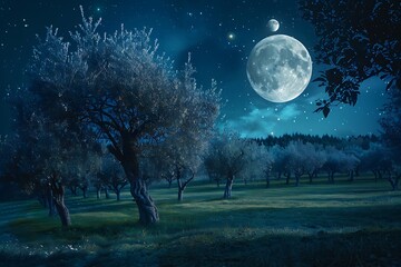 Harvest moon illuminating a tranquil orchard