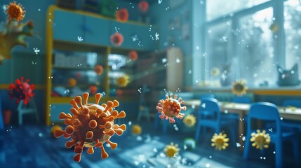 Virus Particles Floating in Classroom Illustration