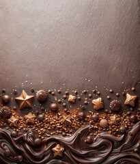 Display of luxury chocolates with swirling dark chocolate and golden decorative elements in the form of a beach and sea.