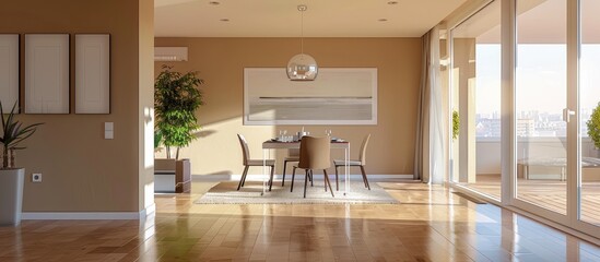 Contemporary apartment interior design featuring a dining room with a table and chairs, and an empty living room with a beige wall, in panoramic view.