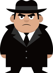 Illustration of a mafia wearing a black hat and a black suit