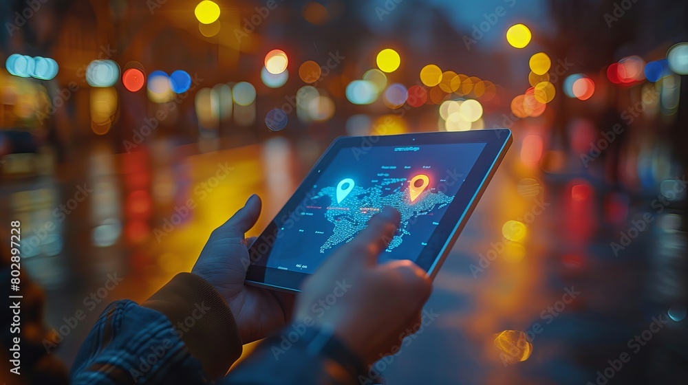 Poster close-up of a hand holding a tablet displaying a city hologram with location pins, set against a blu