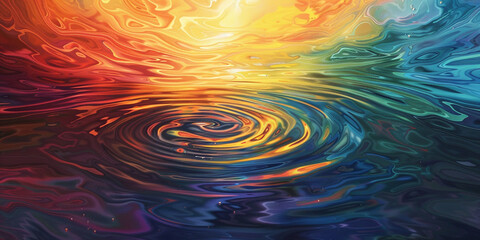 Liquid rainbows swirl and mingle in a dance of light and shadow, transforming the stillness of water into a vibrant tapestry of hues.