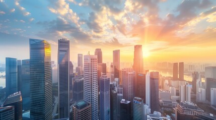 Modern skyscraper skyline at sunset.