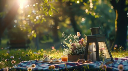 An enchanting image of a picnic-themed centerpiece, such as a floral arrangement or a decorative lantern, adding a touch of whimsy and elegance to the outdoor setting on International Picnic Day.