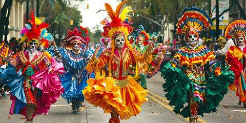colorful costumes for Cinco de Mayo parade Traditional Dia de los Muertos Parade with Participants in Costumes and Skull Masks