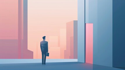 Businessman looking at city skyline through large window. Flat design illustration for business vision concept