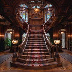 Obraz premium A grand Victorian staircase, with a sweeping banister and intricate woodwork.