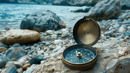 A compass rests on a stack of rocks amid natural materials like soil and wood. The electric blue water surrounds the landscape, home to marine biology like molluscs in the circle of life AIG50