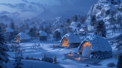 Nordic igloo village in a snowy landscape.