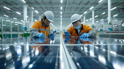 Solar panel manufacturing, workers preparing a solar panel. Checking the quality of finished panels