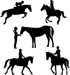 set of Horse and women jockey pose silhouettes