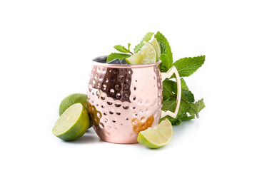 Moscow mule cocktail served with ice and lime slice isolated on white background