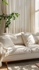 Modern living room with large white sofa and natural light. Tropical plant in corner enhancing the indoor nature vibe