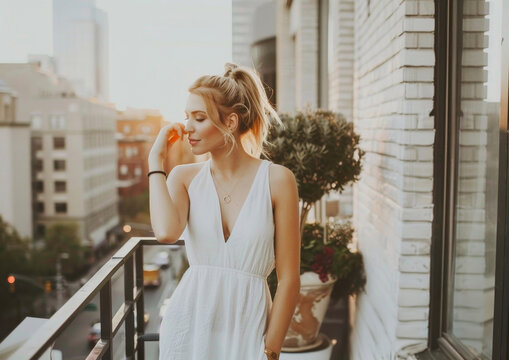 Elegant Woman Enjoying a Sunset from Her Urban Balcony, Reflecting on City Life Serenity
