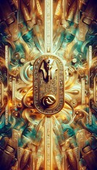 Fototapeta premium A golden pharaoh cartouche adorned with hieroglyphs takes center stage against a mesmerizing backdrop of abstract patterns and textures, evoking the mystique of ancient Egypt.